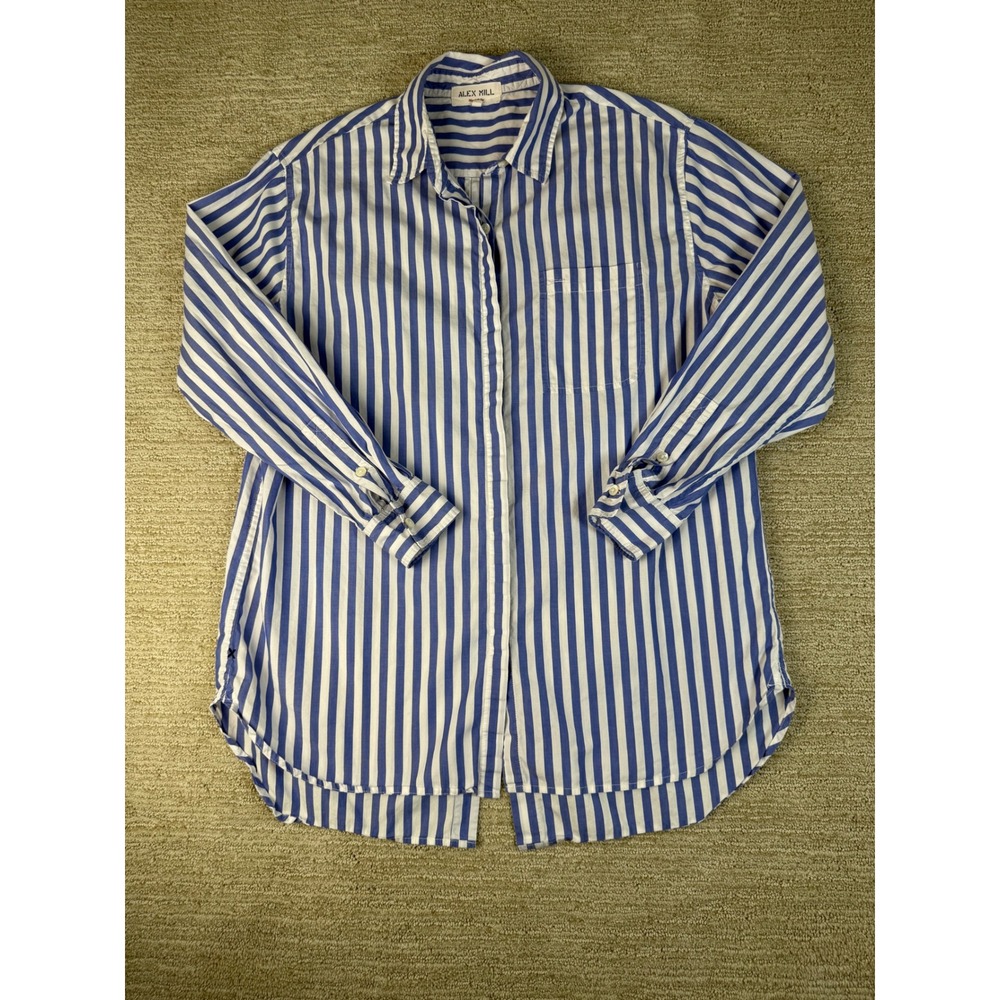 Alex Mill Wash & Go Blue White Striped Button Back Cotton Shirt Large